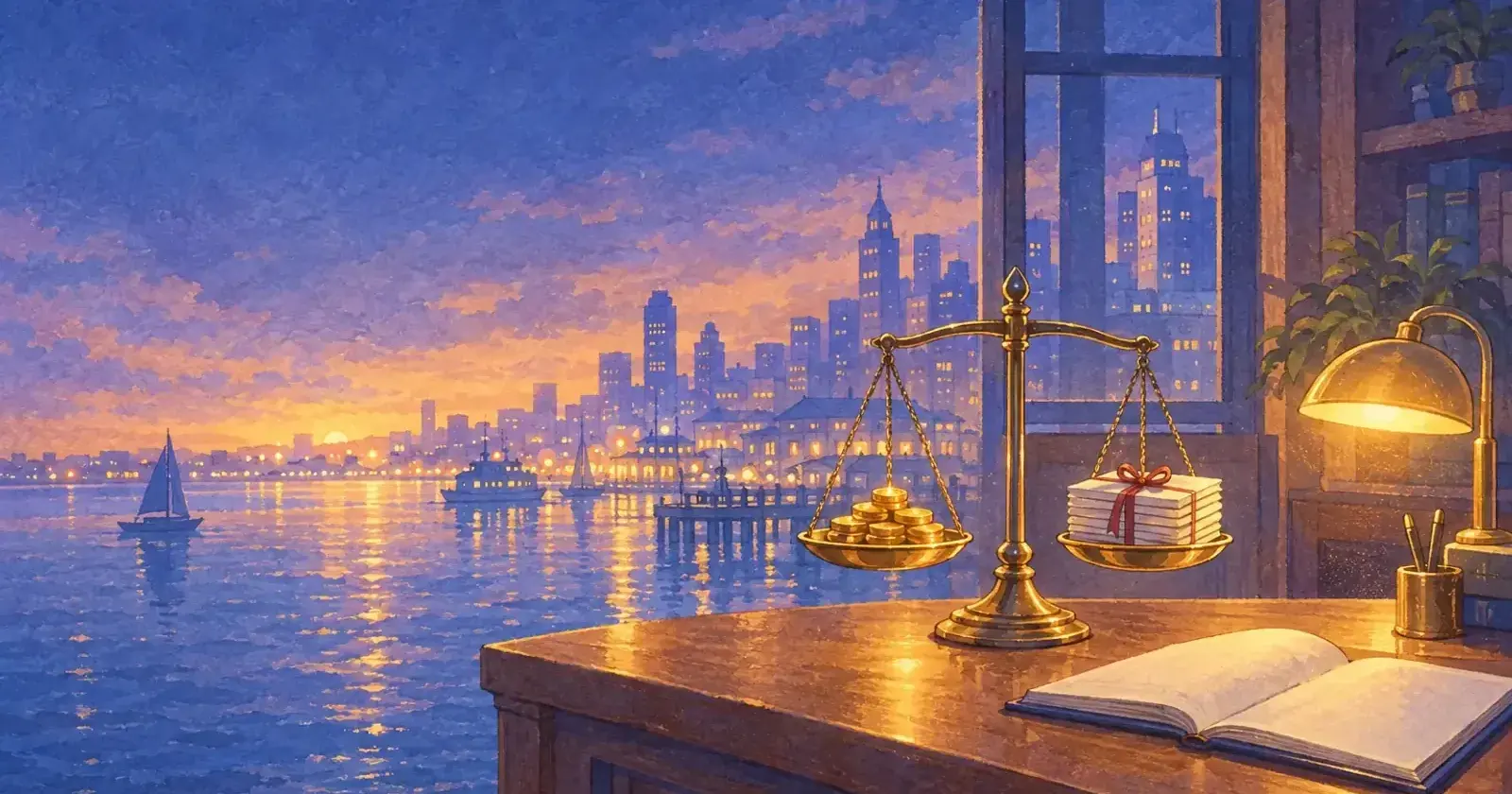 A brass scale on a help-desk counter at dusk, weighing gold tokens against a ribboned stack of sealed letters