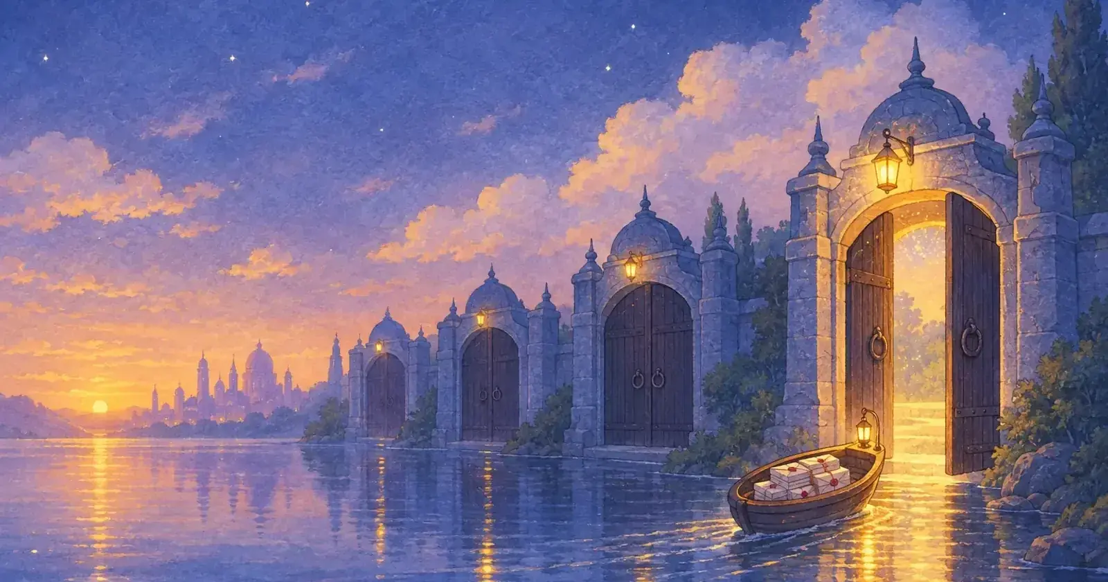 A dusk waterway lined with stone gates, one lit and open as a boat of sealed letters passes through