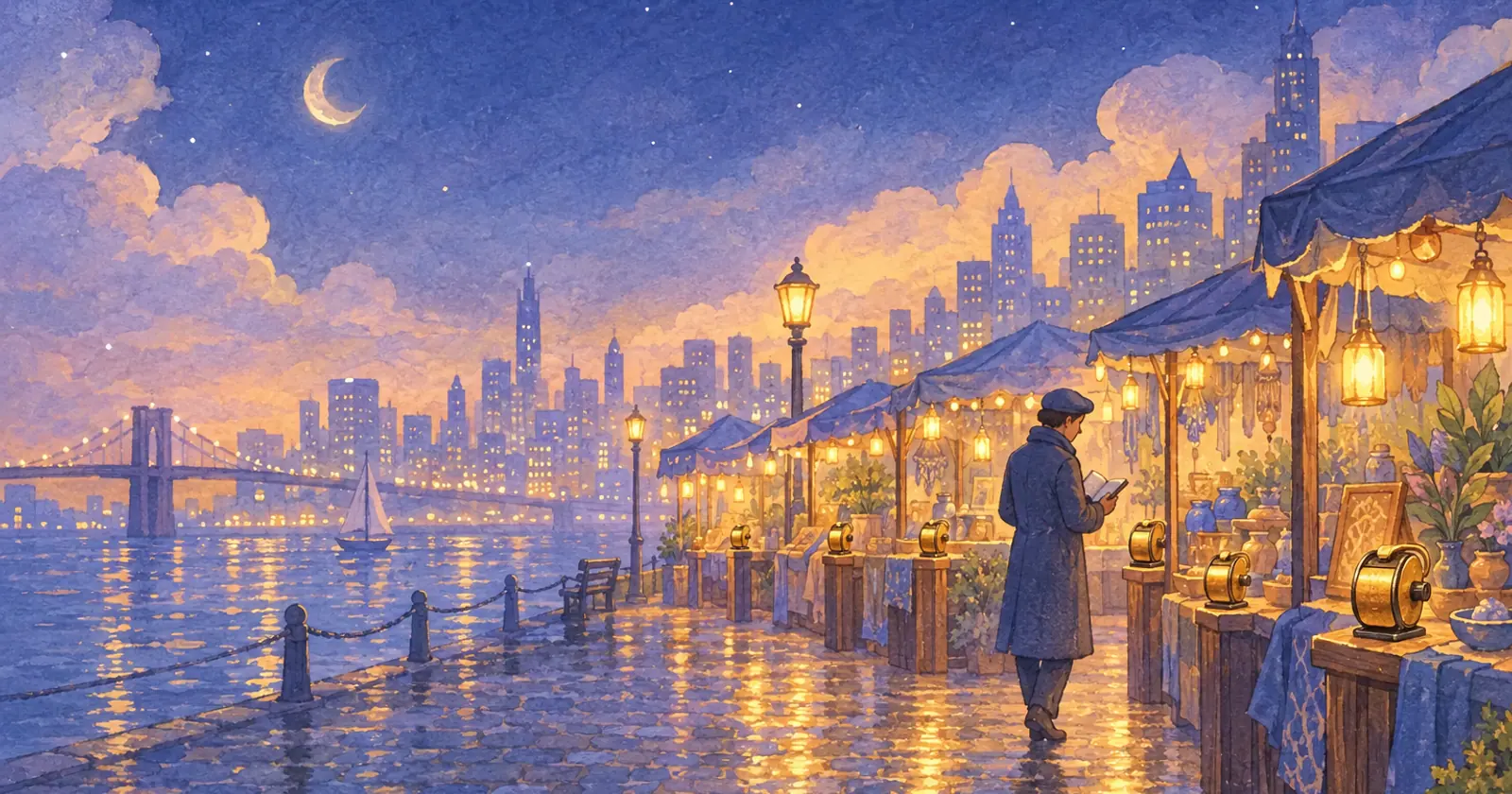 A night market keeper with a notebook walks between lantern-lit stalls, each with a brass tally counter beside it